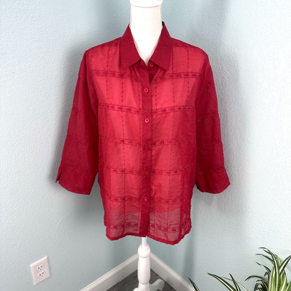 Alfred Dunner Plus Size 16P Dark Red Button Up Blouse Petite Career Top EUC